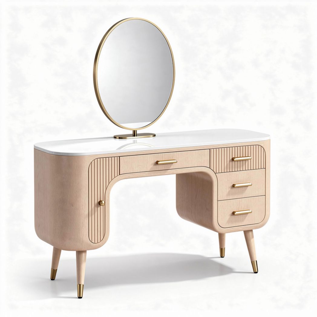 Modern wooden vanity table with round mirror and storage drawers 100 x 40 x 75cm