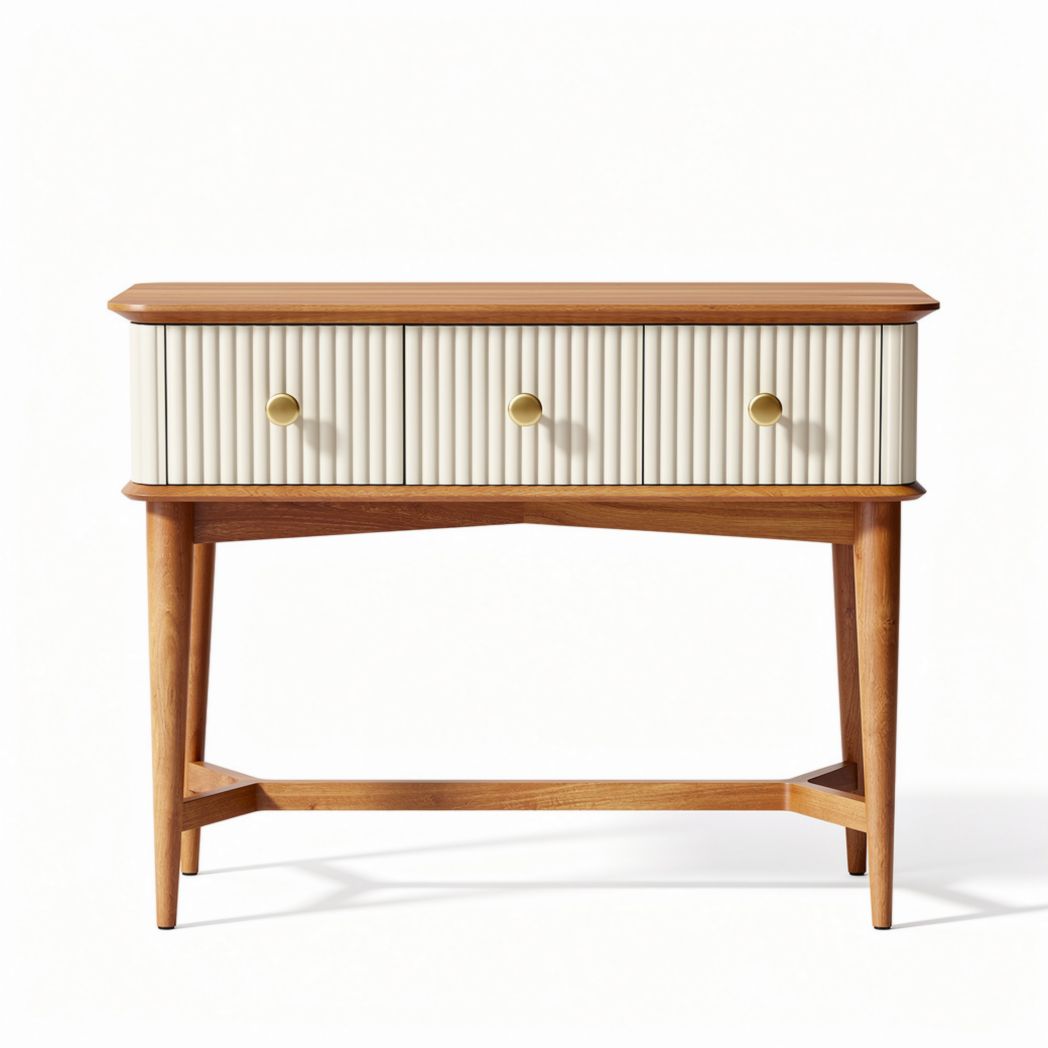 Wooden nightstand with ribbed drawer fronts and brass knobs 90 x 45 x 75cm