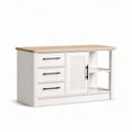 Wood top white storage cabinet with three drawers and open shelves 120 x 50 x 80cm