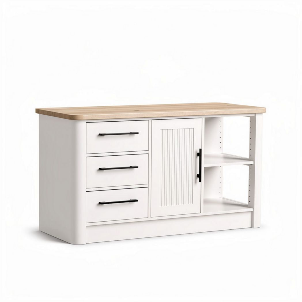 Wood top white storage cabinet with three drawers and open shelves 120 x 50 x 80cm
