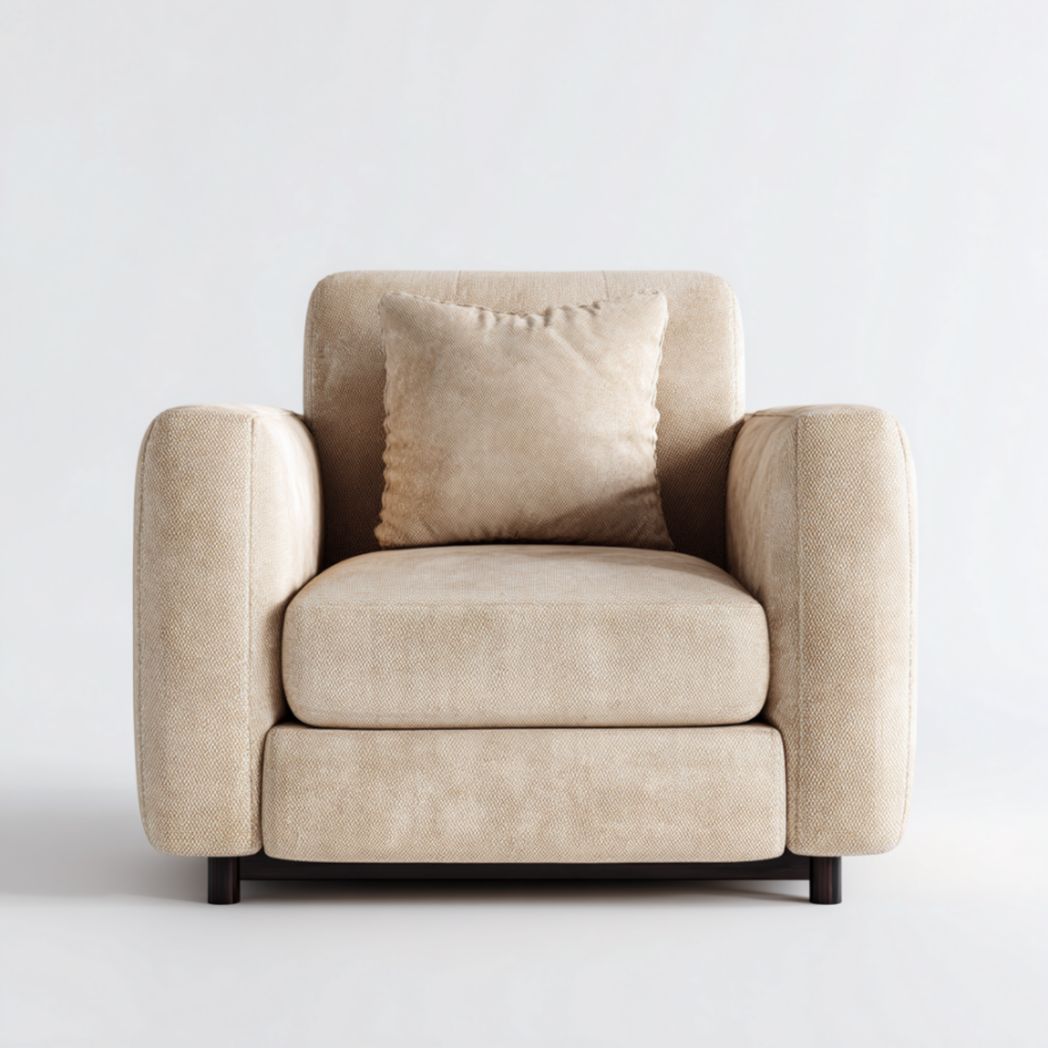 Green upholstered armchair with wooden legs for living room use