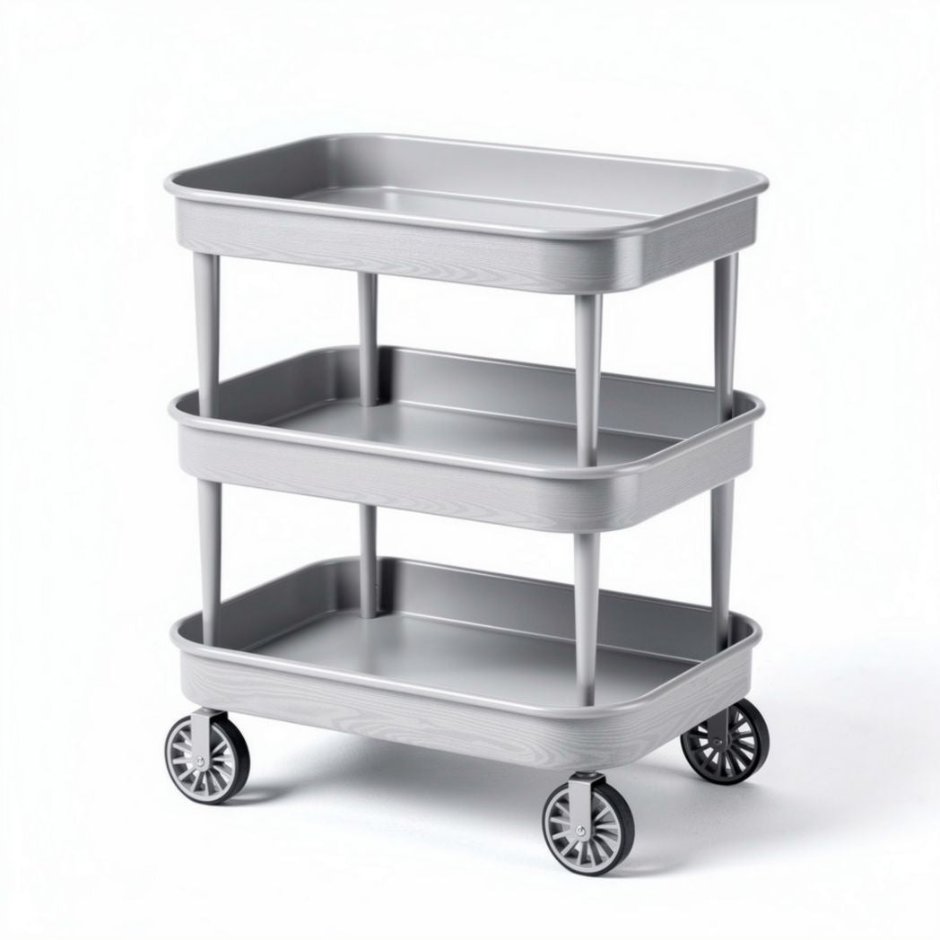 Three-tier rolling cart in gray plastic with wheels for storage and organization 60 x 40 x 80cm