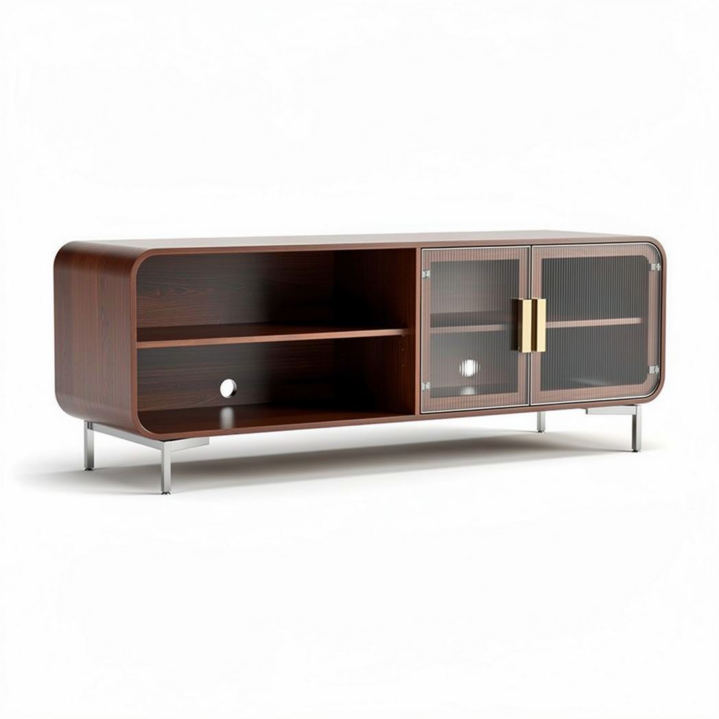 Modern wood media console with glass doors 64 x 16 x 18 inches walnut finish