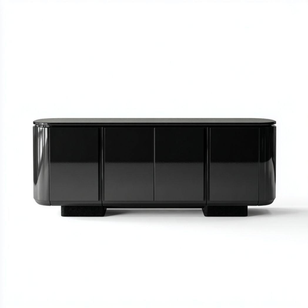 Black wooden sideboard cabinet with stainless steel legs and two doors 150 x 40 x 60cm